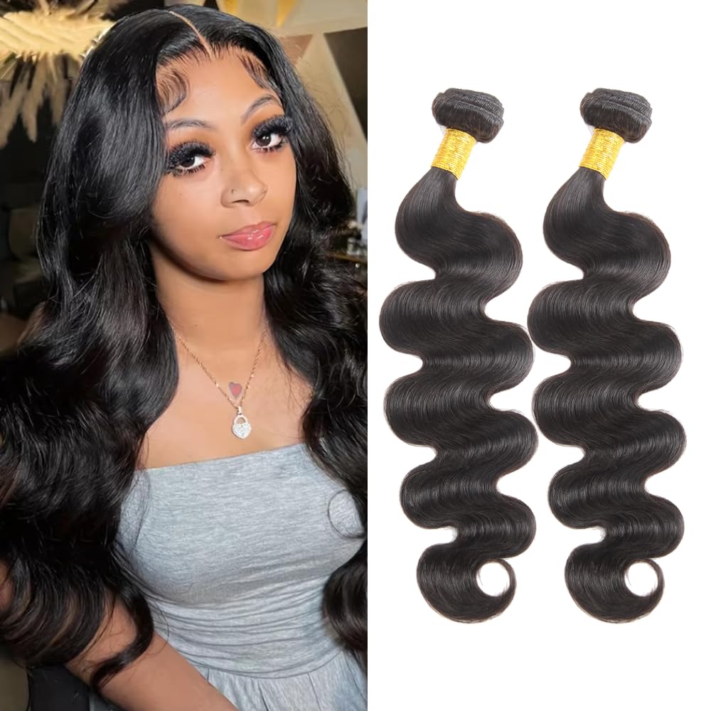 Body Wave Human Hair Bundles - Brazilian 2 Bundles for Black Women, 20 22 Inch, 10A Grade 100% Unprocessed Extensions, Natural B