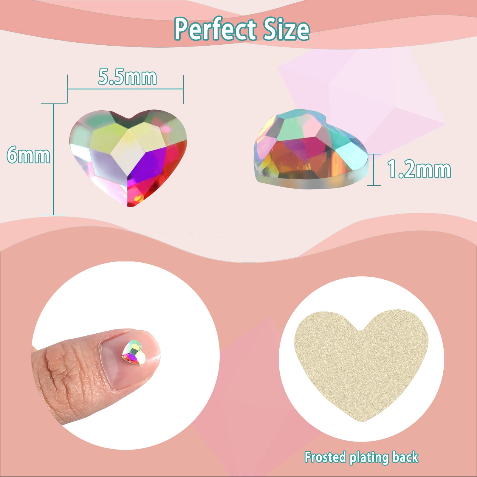 Allstarry 100Pcs Flatback Rhinestones Heart-Shaped Irridescent Face Gems Eye Gemstones Nail Charms For Crafts Ab Glass Crystals