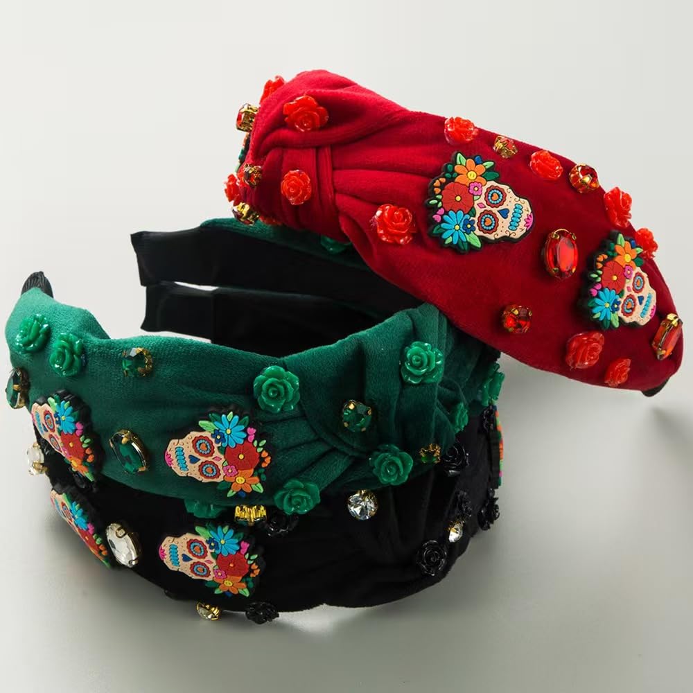 Mixcbe Halloween Sugar Skull Headbands for Women Day of the Dead Skull Flower Green Headband Festival Rhinestone Knotted Twist W