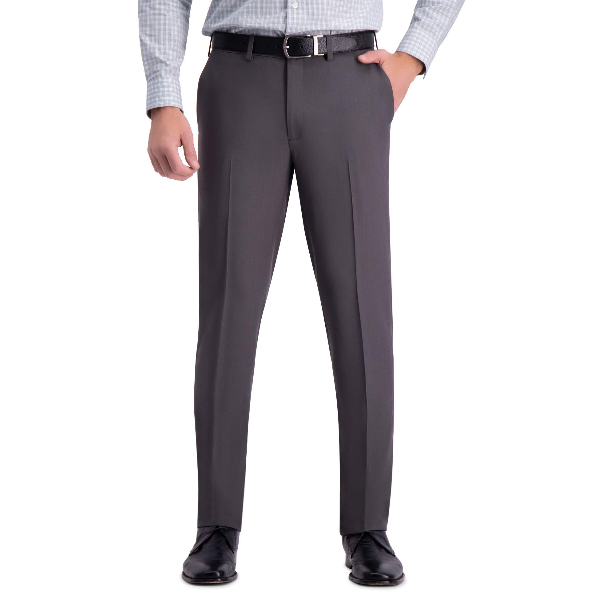 Haggar Mens Premium comfort Dress Slim Fit Flat Front Pant, Dark grey, 36W x 32L
