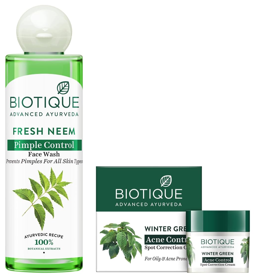 Biotique Bio Neem Purifying Face Wash, 200 Ml & Biotique Bio Winter Green Spot Correcting Anti Acne Cream, 15G