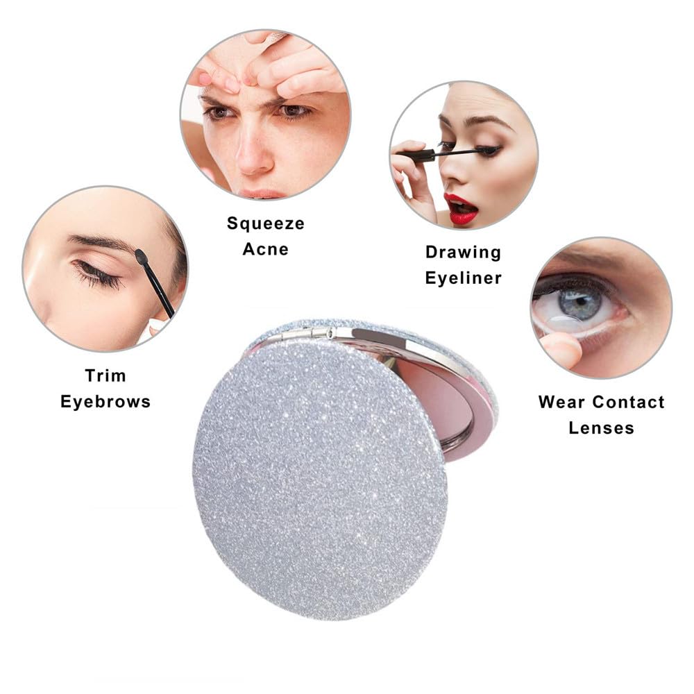 mpowtech Silver Compact Mirror - Double-Sided 2x/1x Magnification, 2.8" PU Leather Portable Makeup Mirror, Gift Idea