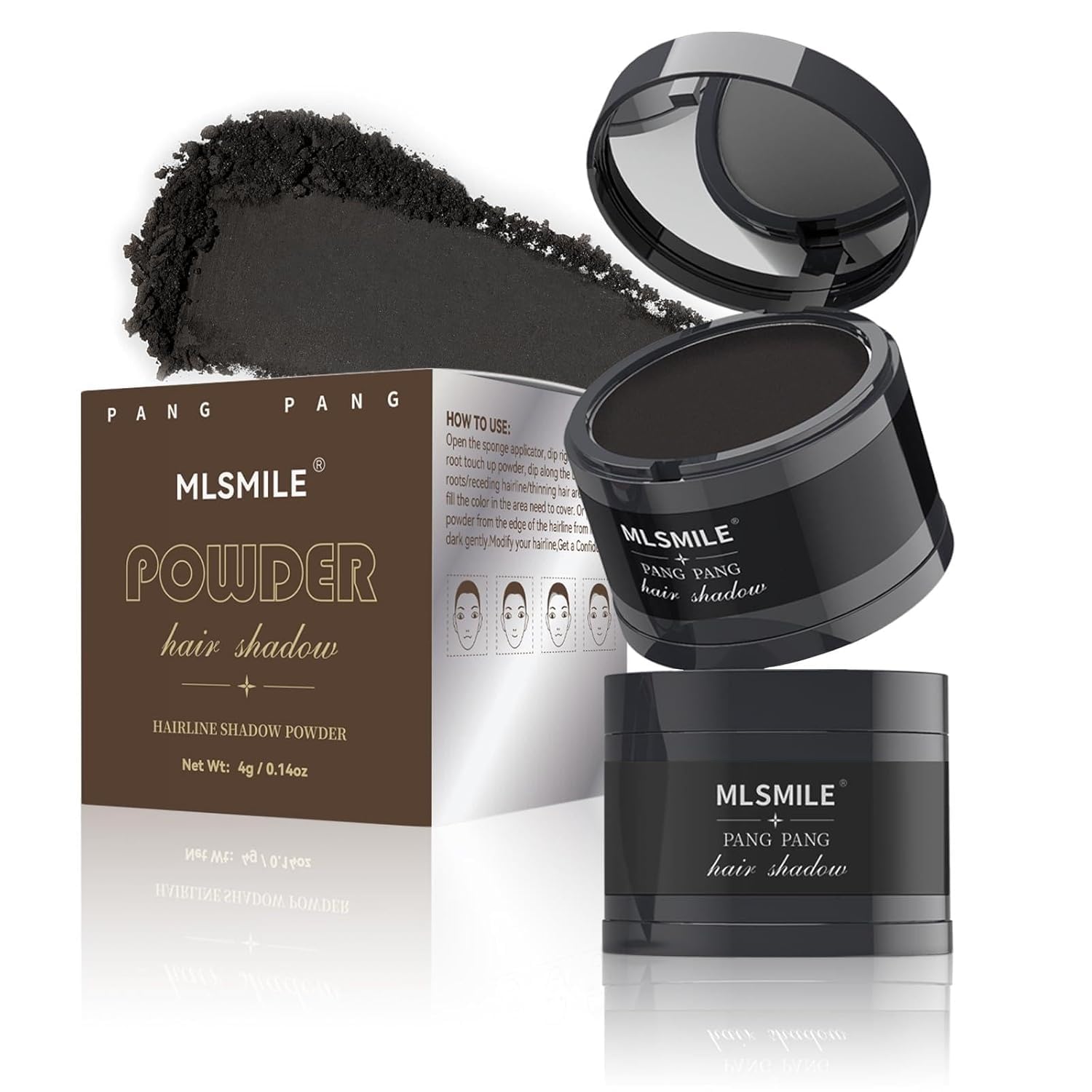 MLSMILE Instant Hairline Powder with Puff  2Pcs Black for Sparse Edges