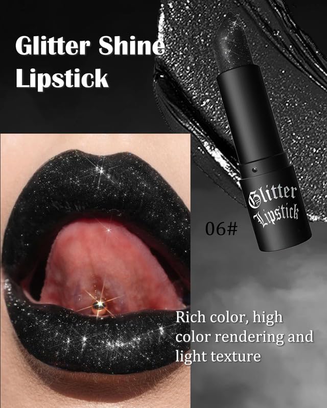 Black Diamond Glitter Matte Lipstick, Gothic Shiny Lip Gloss, Sparkling High Pigment Longlasting Waterproof Smudgeproof Non-Stic
