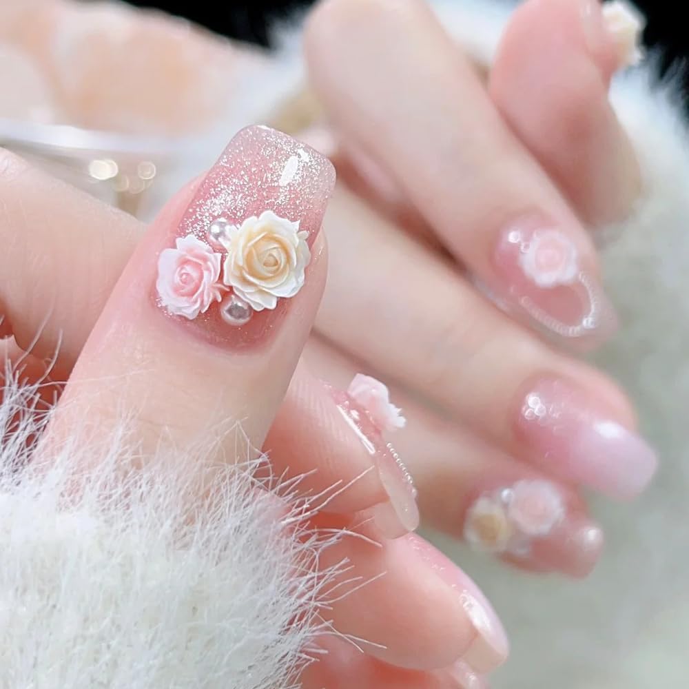 3D Flower Nail Charms, Gradient Red Pink White Resin Acrylic Rose Camellia Flower With Pearls Caviar Beads, Spring Floral Gems J