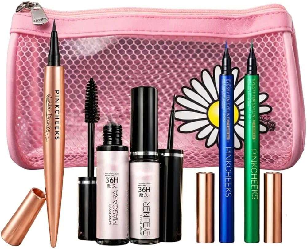 4In1 Eye Makeup Combo Kit  Blue & Green Gel Eyeliner, Mascara & Precision Eyeliner With TravelFriendly Makeup Bag