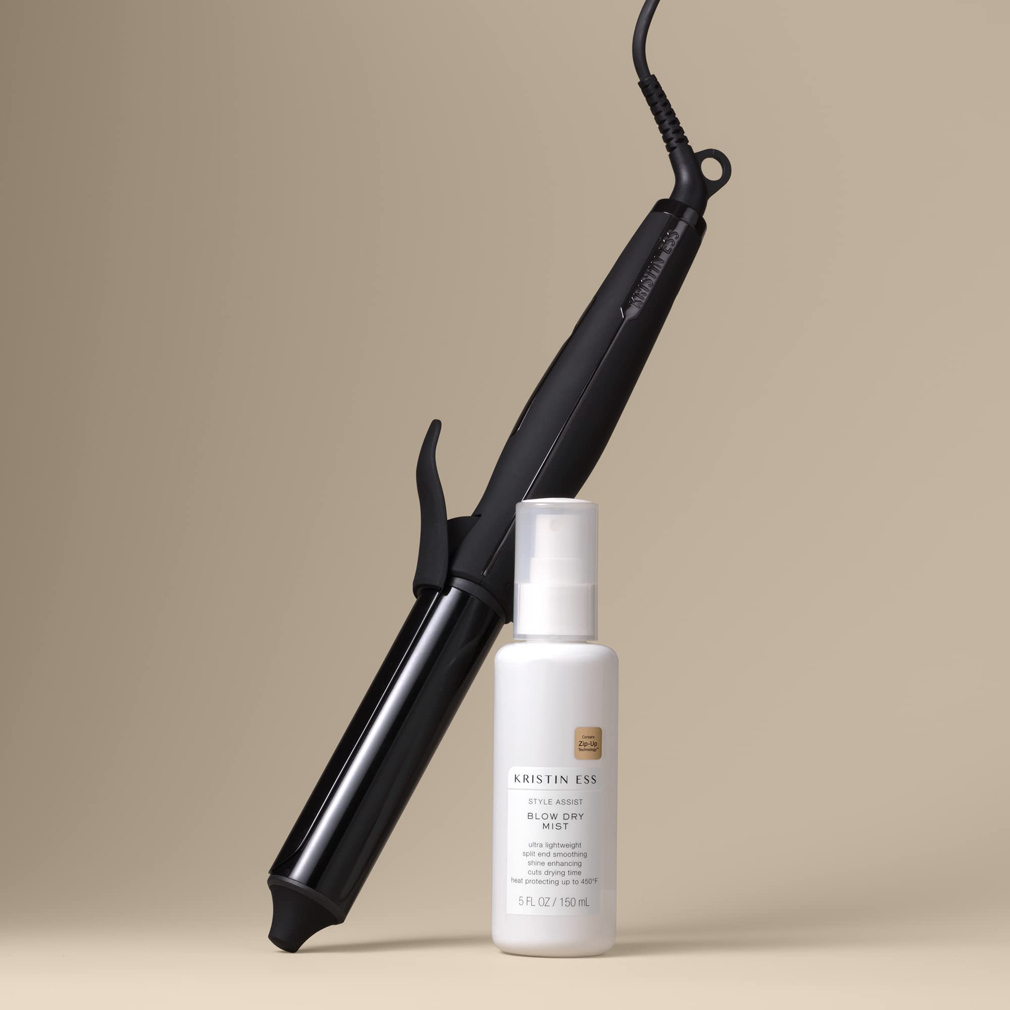 Kristin Ess Hair Nanoblack 11/4 Inch Automatic Ceramic Curling Iron + Style Assist Blow Dry Heat Protectant Spray - Dual Voltage