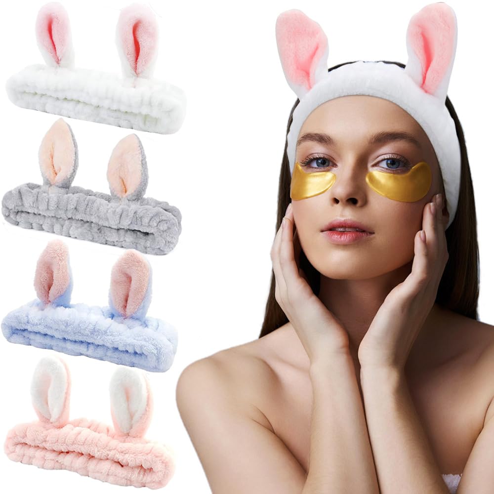 AHONEY Bunny Ears Headband, 4Pcs Skin Care Headbadns Fuzzy Headband for Washing Face Kawaii Makeup Cute Headbands Coral Fleece E