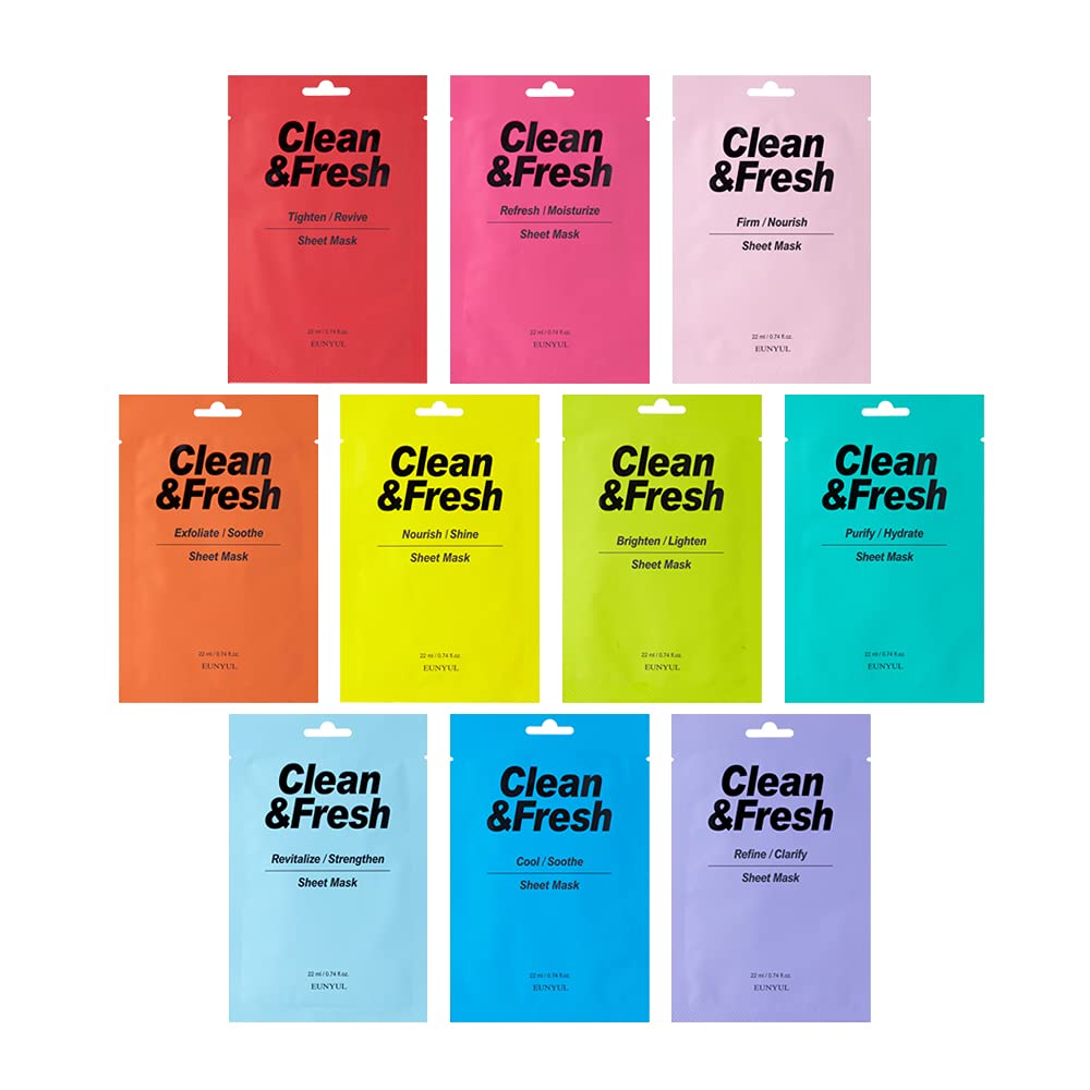 Eunyul [Pack Of 10] Clean & Fresh Sheet Mask 22 Ml / 0.74 Fl.Oz. 10 Types Korean Sheet Mask Bundle Pack For All Skin Type Face M
