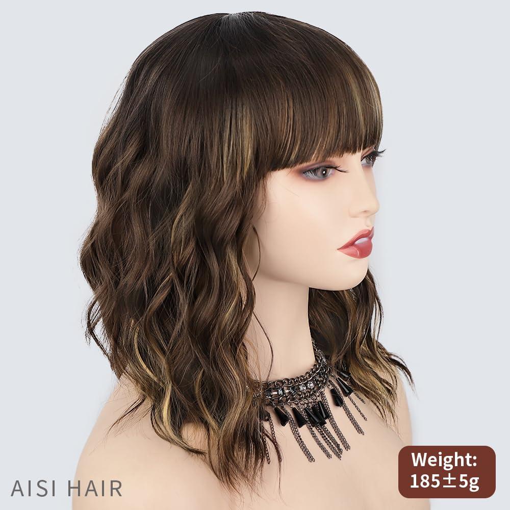 Aisi Hair Synthetic Curly Bob Wig With Bangs Natural Brown With Blonde Highlight Short Wavy Bob Hair Wigs For Women Natural Look