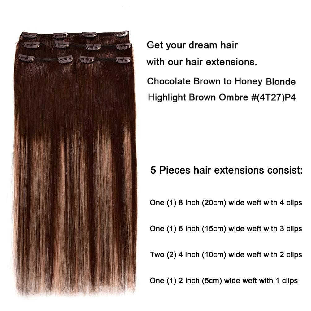 5 Pieces 22'' Remy Clip In Hair Extensions Human Hair Chocolate Brown To Honey Blonde Highlight Brown Ombre - Silky Straight Sho