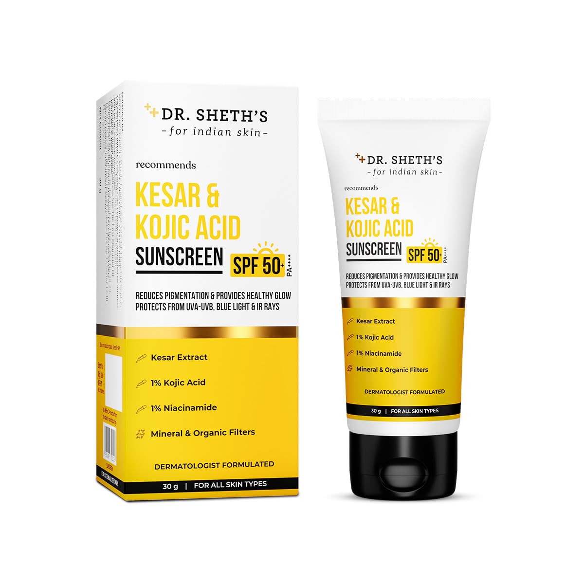 Dr. ShethS Kesar & Kojic Acid Sunscreen Spf 50+ Pa++++ |In-Vivo Tested | For Pigmentation-Free Skin | Lightweight & Non Greasy 
