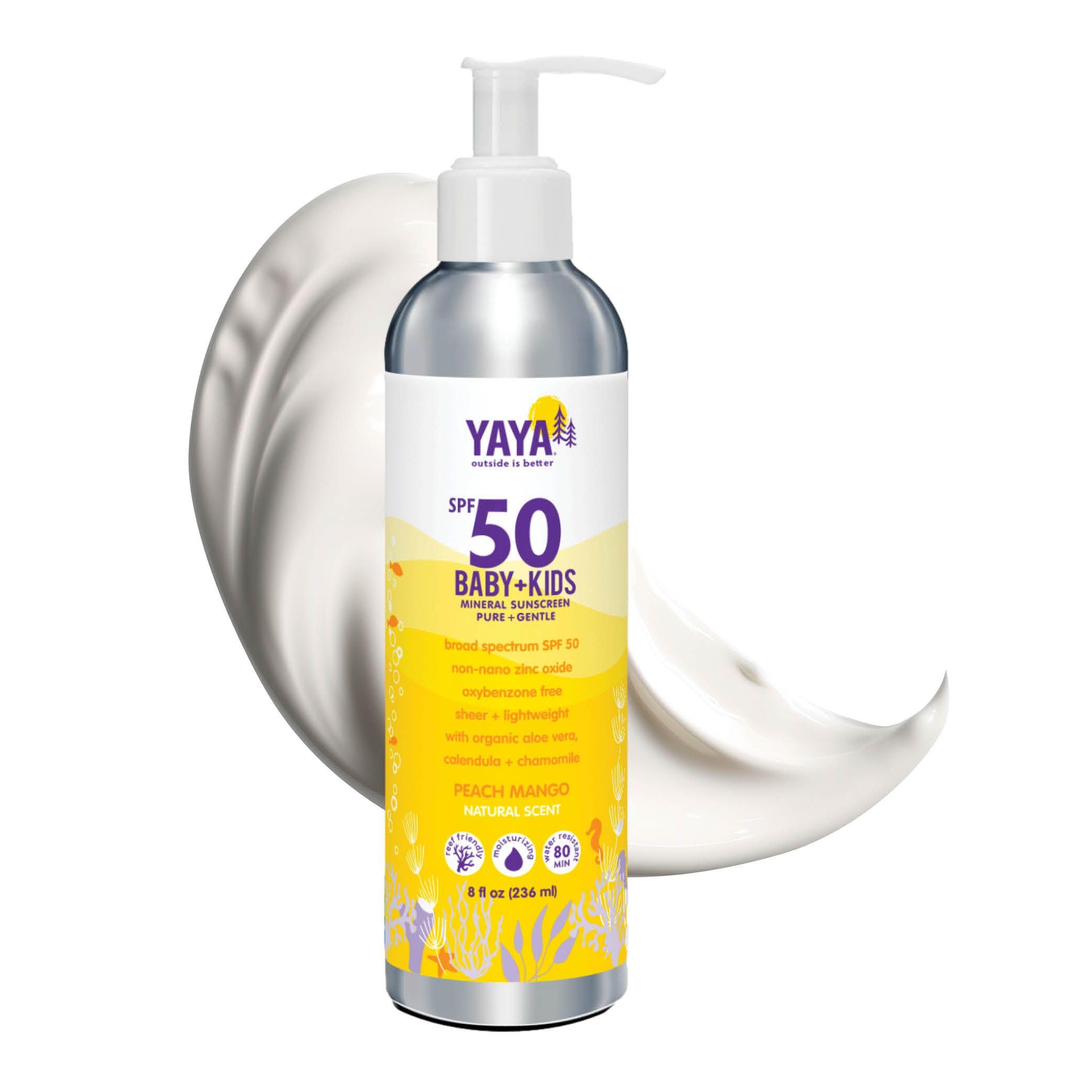 YAYA ORGANICS Baby + Kids Mineral Sunscreen Lotion, SPF 50, Reef-Friendly, Non-Nano Zinc Oxide, Water-Resistant, Hypoallergenic,