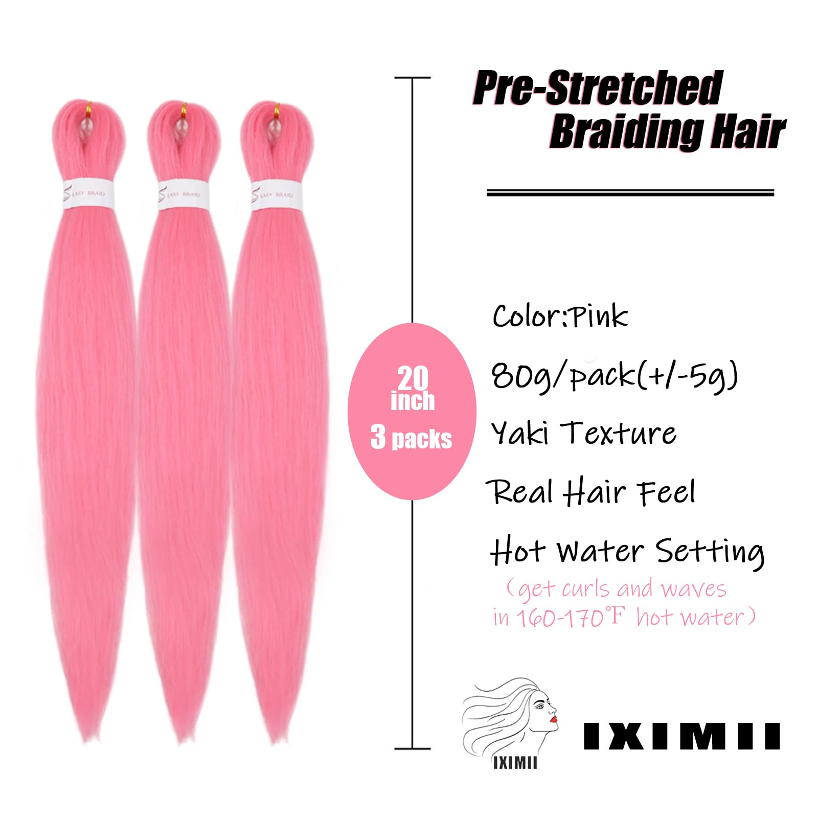 Iximii 3 Packs Pink Braiding Hair Pre Stretched 20 Inch Pre-Stretched Kanekalon Hair Straight Crochet Braids Soft Yaki Texture H