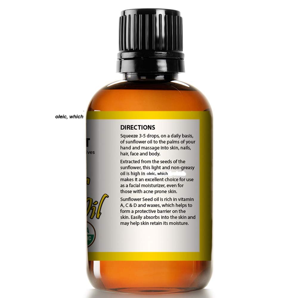 Mayan's Secret SUNFLOWER SEED OIL - 4oz size | All Natural Cold Pressed USDA Certified Organic - High Linoleic | Best for Acne P