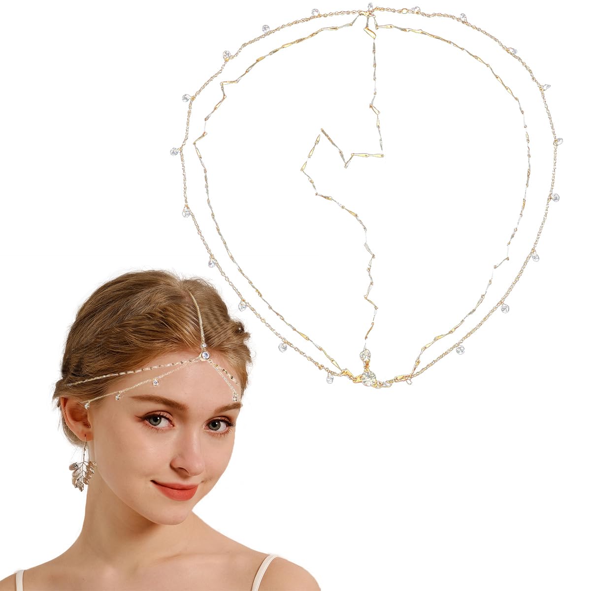 Rhinestone Head Chain Bohemian Wedding Headband Bridal Forehead Chain Layered Rhinestone Head Chain Gold Vintage Layered Rhinest