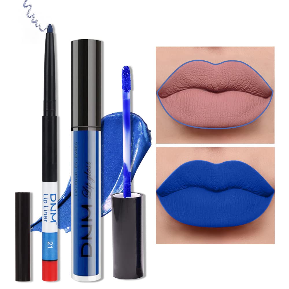 Evpct 2Pcs Royal Light Blue Matte Liquid Lipstick And Lip Liner Pencil Makeup Set Dnm Blue Lipstick 24H And With Lip Liner Set W