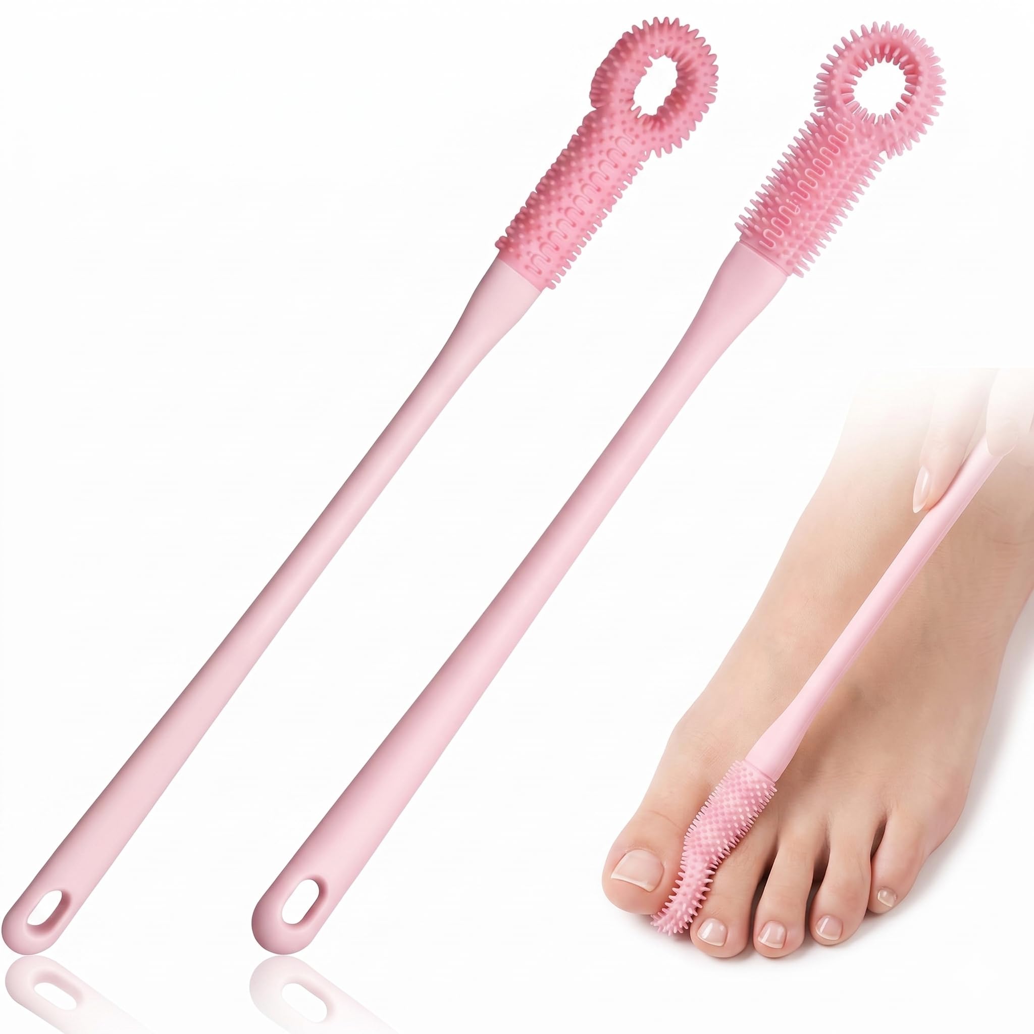 2 Pack Toe Cleaning Brush with Long Handle  Soft Rubber Toe Cleaner & Foot Scrubber for Shower, Exfoliating Foot Brush for Seni