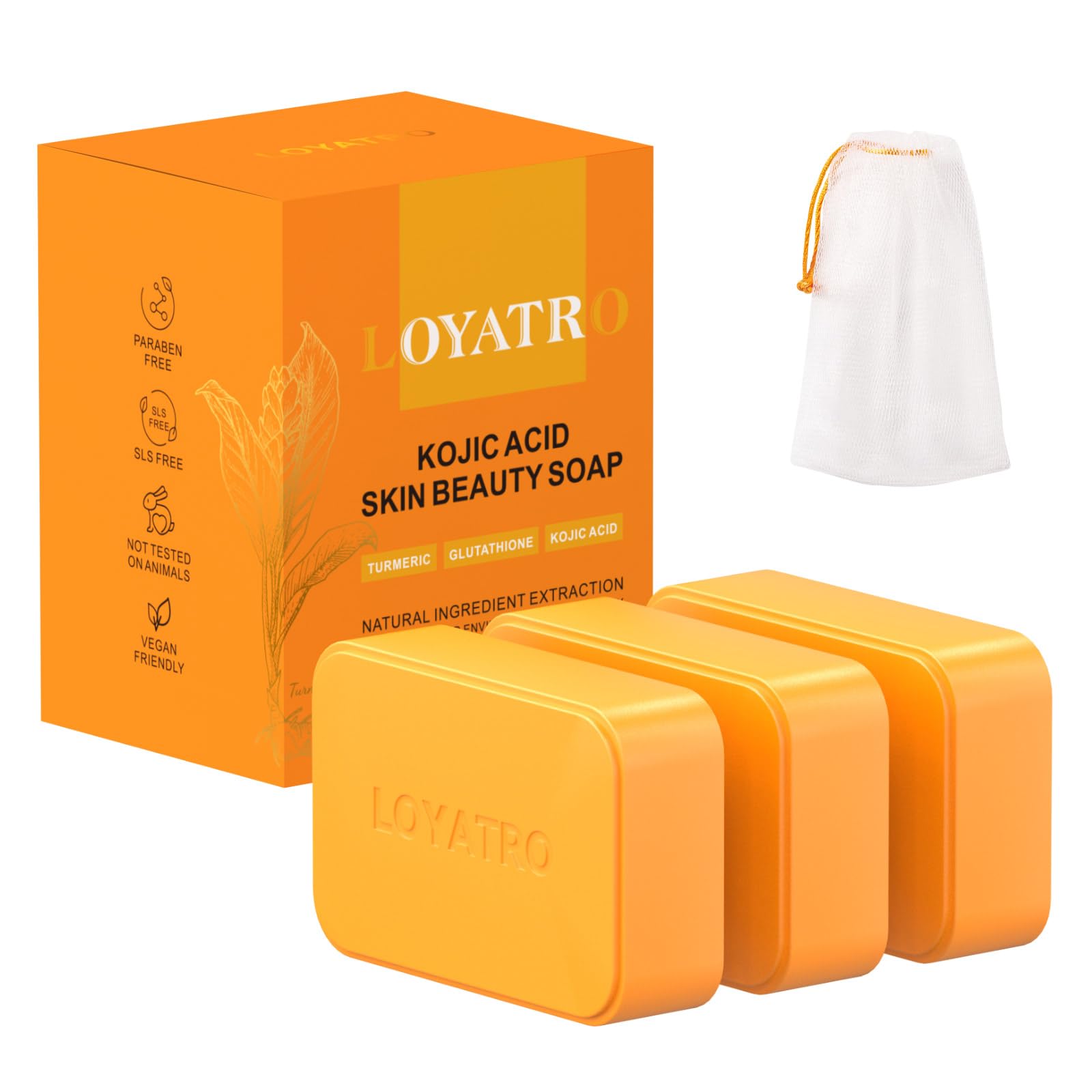 LOYATRO Kojic Acid Turmeric Soap Bar 3 Pack for Body & Face, Made with Natural and Organic Ingredients. Gentle Soap, For All Ski
