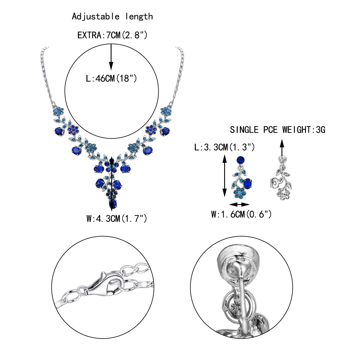 EVER FAITH Bridal Jewelry for Bride, Austrian Crystal Cluster Flower Leaf Wedding Necklace Earrings Sets Blue Silver-Plated-Base