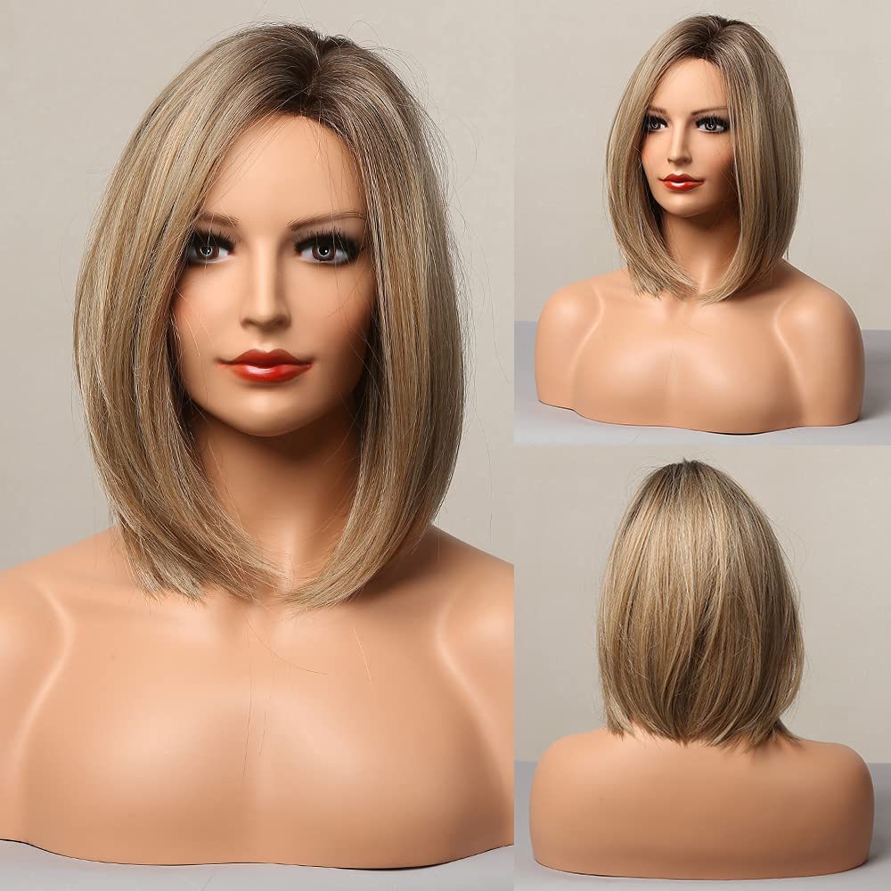 HAIRCUBE Ash Blonde Bob Wig Short Hair Side Parting Wig Hand-Tied Hairline Shoulder Length Ombre Wig Natural Looking Synthetic L