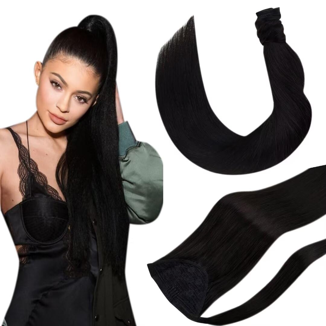 Hetto Ponytail Extension Human Hair Ponytail Extension Black Human Hair Ponytail Hair Extensions Natural Black 12inch 70g #1