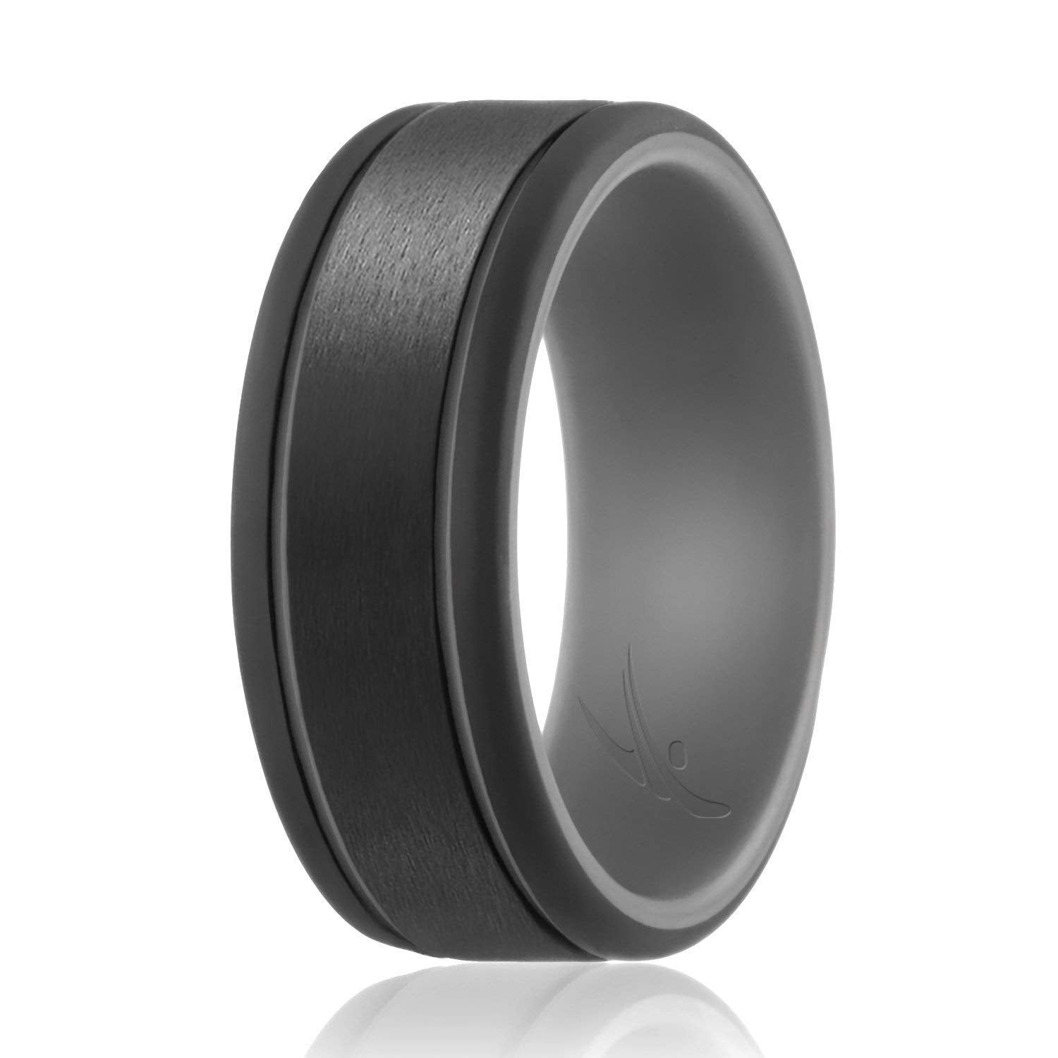 Silicone Wedding Ring - Duo Collection 2 Thin Lines - Grey-Black By Roq For Men - 15 Mm Ring