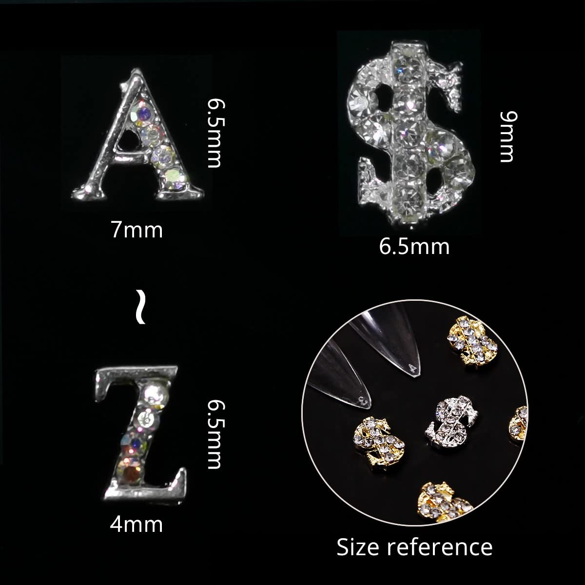 52Pcs Silver Letters Nail Stud Alloy Rhinestone +5Pcs 3D Dollar Sign Capital Letters Nail Studs Money Nail Art Alphabet Nail Cha