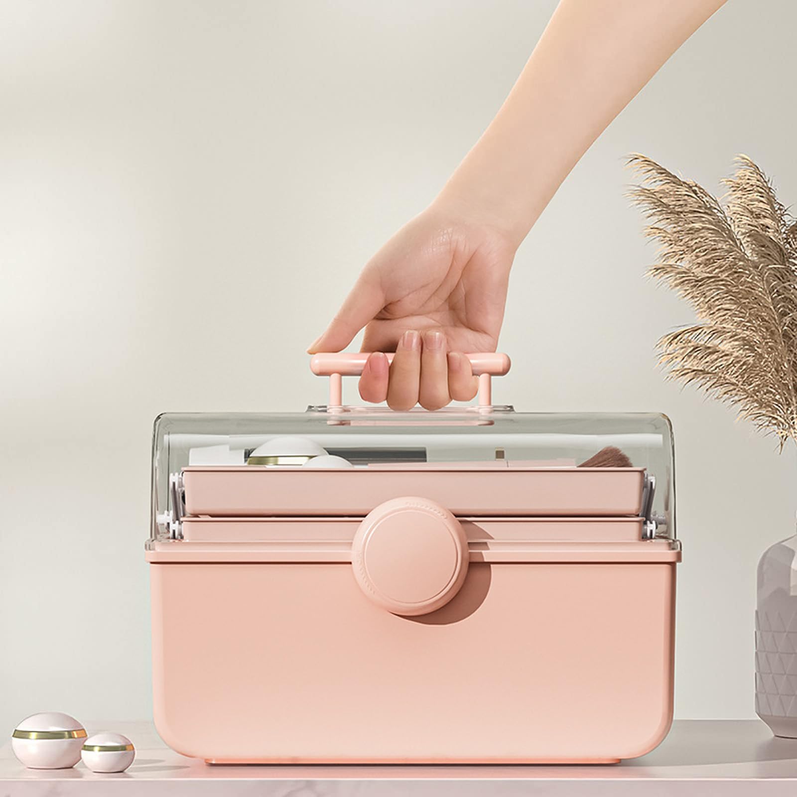 WMM Makeup Storage Organizer, Large Capacity Makeup Organizer with Transparent Visual Cover, Handle 3 Layers Portable Cosmetic S