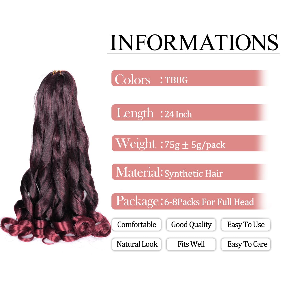 French Curly Braiding Hair,8pack Loose Wavy TBUG Pre Stretched Synthetic Spiral Curly Crochet Braiding Hair 24inch 75g/pack Fren