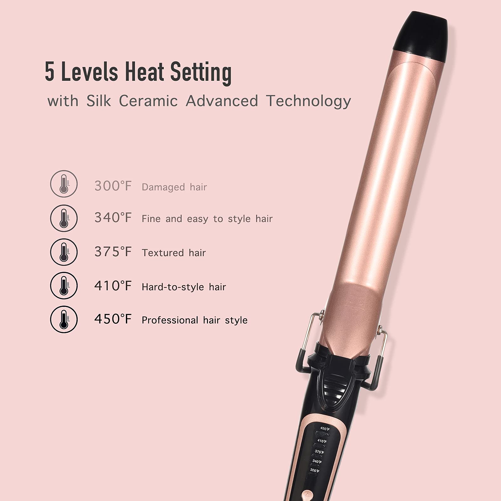 Lanvier 1.25 Inch Clipped Curling Iron with Extra Long Tourmaline Ceramic Barrel, Professional Hair Curler up to 450?? Dual Volt