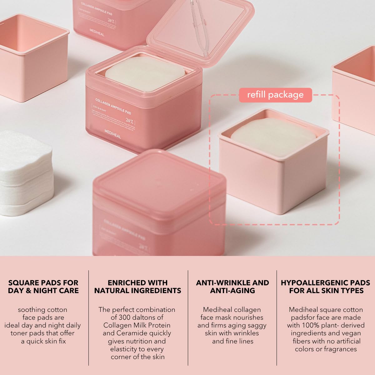 (Only Refill) Mediheal Collagen Ampoule Pad (100 Pads) - Cotton Facial Toner Pads For Skin Firming & Restore Elasticity - Vegan