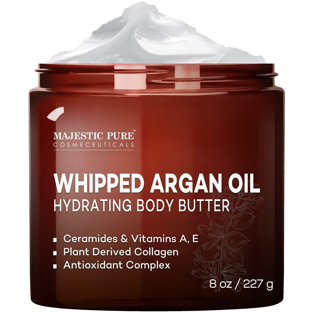 MAJESTIC PURE Whipped Argan Oil Body Butter for Women & Men - With Ceramides, Vitamin E & A & Vegan Collagen - For Skin, Face, &