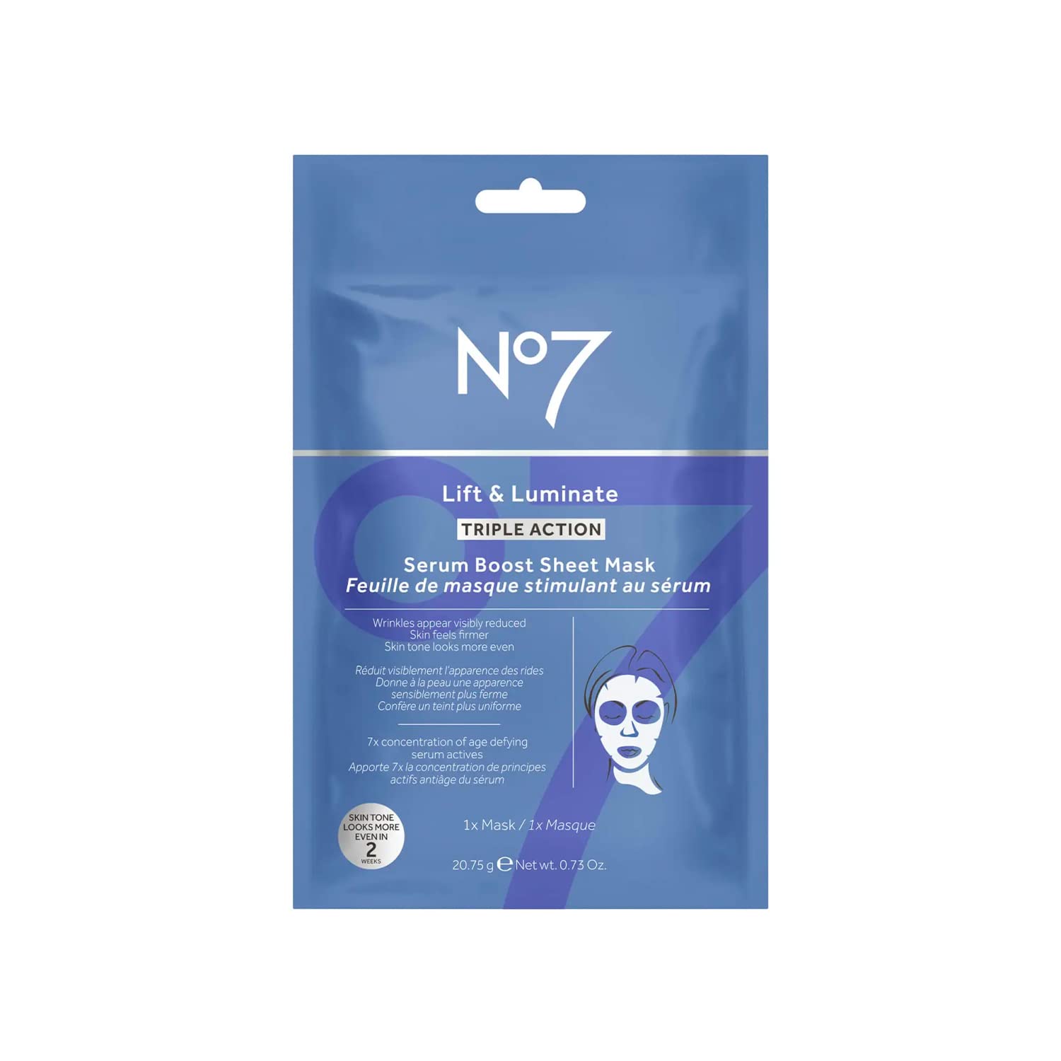 No7 Lift & Luminate Triple Action Serum Boost Sheet Mask - Radiant Skin Firming Anti Aging Face Mask with Hyaluronic Acid & Hibi