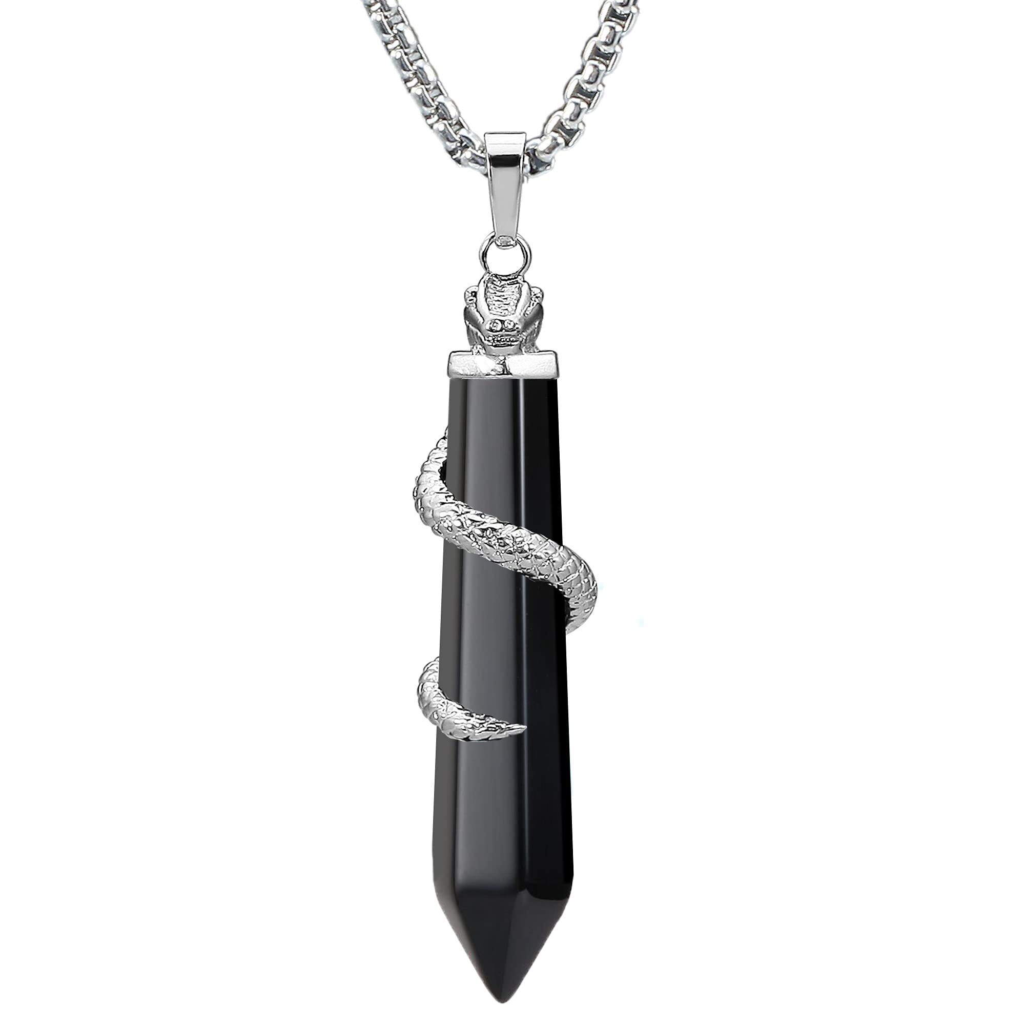 BEADNOVA Healing Crystal Necklace for Women Men Obsidian Snake Tail Wrap Pendant Energy Healing Gemstones Jewelry Pendulum Cryst