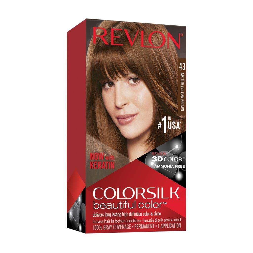 Revlon Colorsilk Beautiful Color, Permanent Hair Dye With Keratin, 100% Gray Coverage, Ammonia Free, 43 Medium Golden Brown
