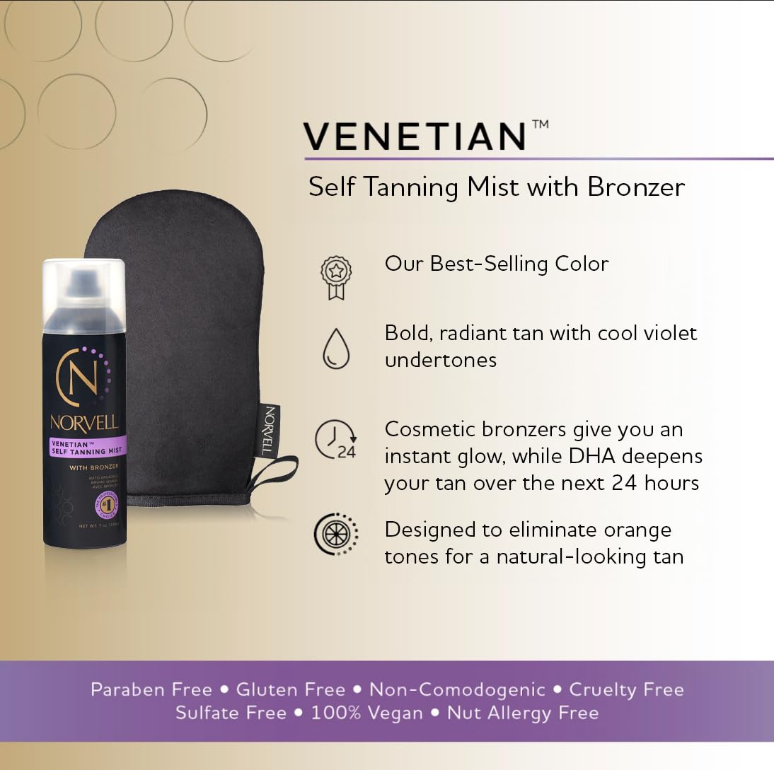 Norvell Venetian Sunless Tanning Bundle: Self Tanner Spray Solution Mist With Bronzer For Instant Sun Kissed Glow, 7 Fl. Oz. And