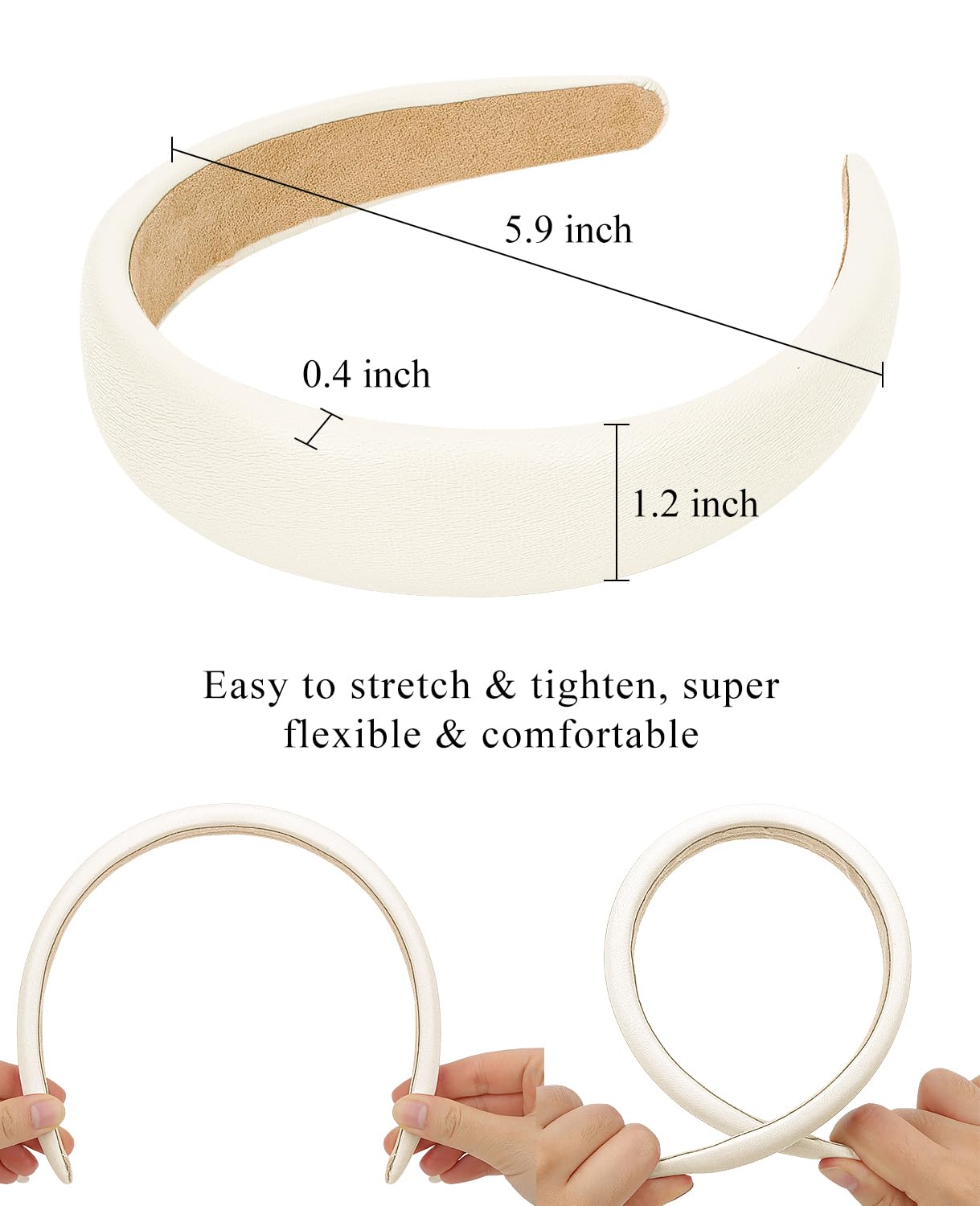 Wecoe White 1.2 Inch Headband for Women and Girls, PU Leather Non Slip Fashion Hair Band, Hair Accessories for Costume, Party, E