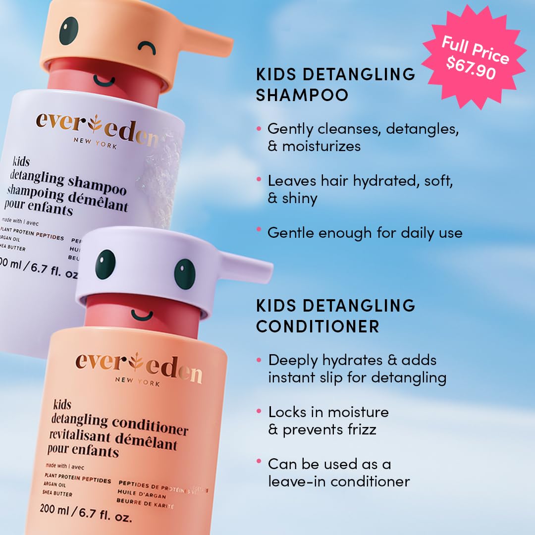 Evereden Kids Haircare Set: Hair Detangling Shampoo & Conditioner for Children Ages 3+, Plant Protein Peptides & Argan Oil, Vega