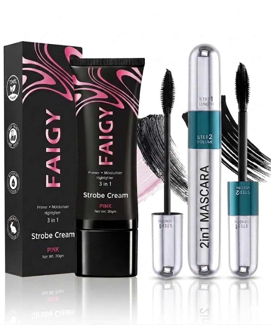 Faigy Double Trouble 2In1 Mascara (15 Ml) | Maximum Volume & Extended Length | Upto 18 Hours | Intense Jet Black And Strobe Cr
