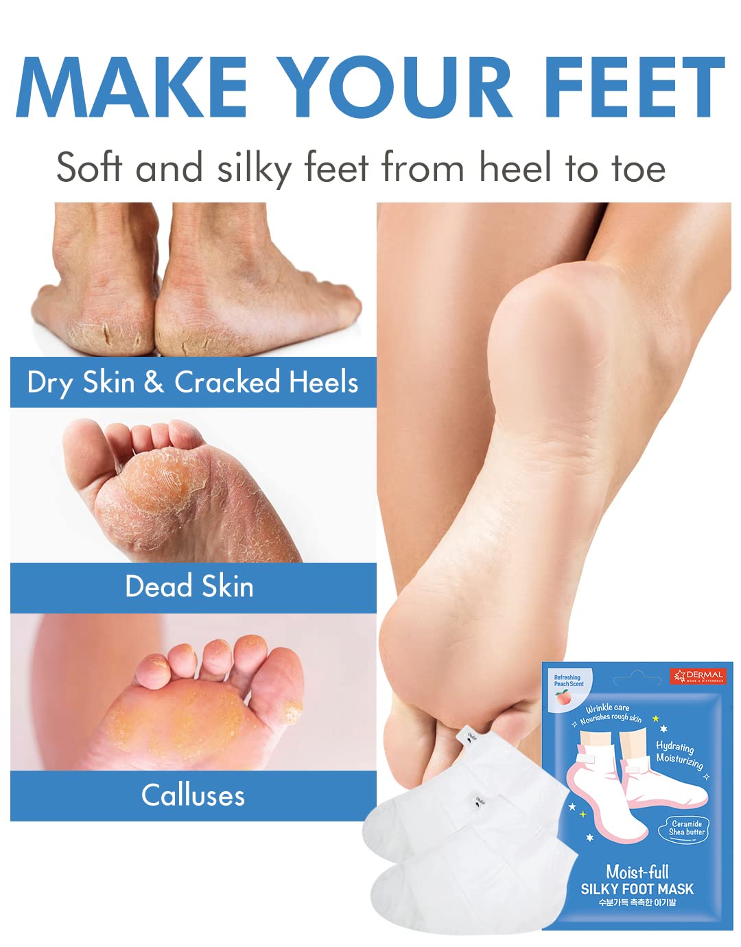 Dermal Moistfull Silky Foot Socks & Hand Gloves Mask Combo 6 Pack - For Dry Feet And Hands - Home Spa Treatment - Dermatologist