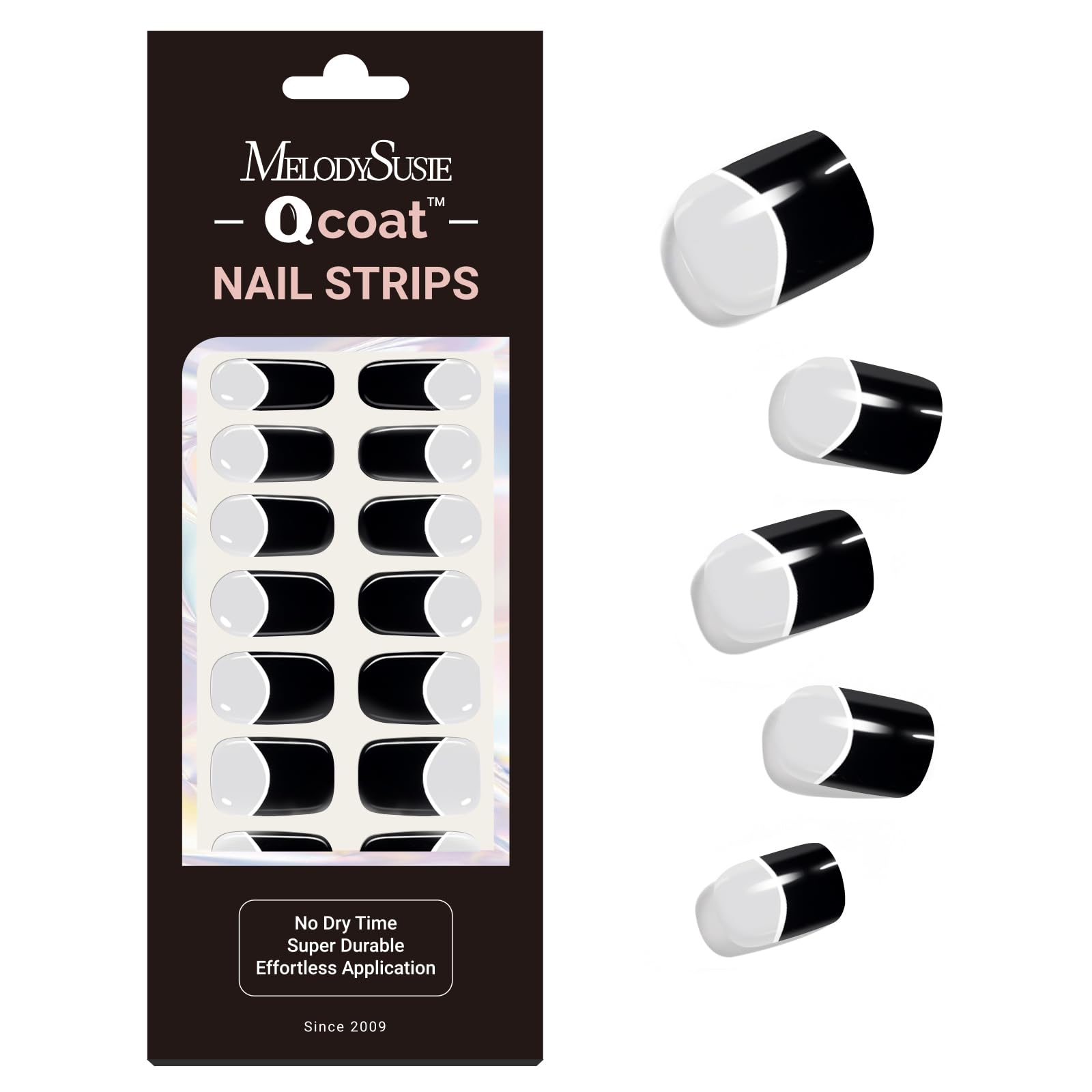 MelodySusie Qcoat Fully Cured Gel Nail Strips (Black French Tips) - UV Free Nail Polish Strips, Salon-Quality, Long Lasting Gel 