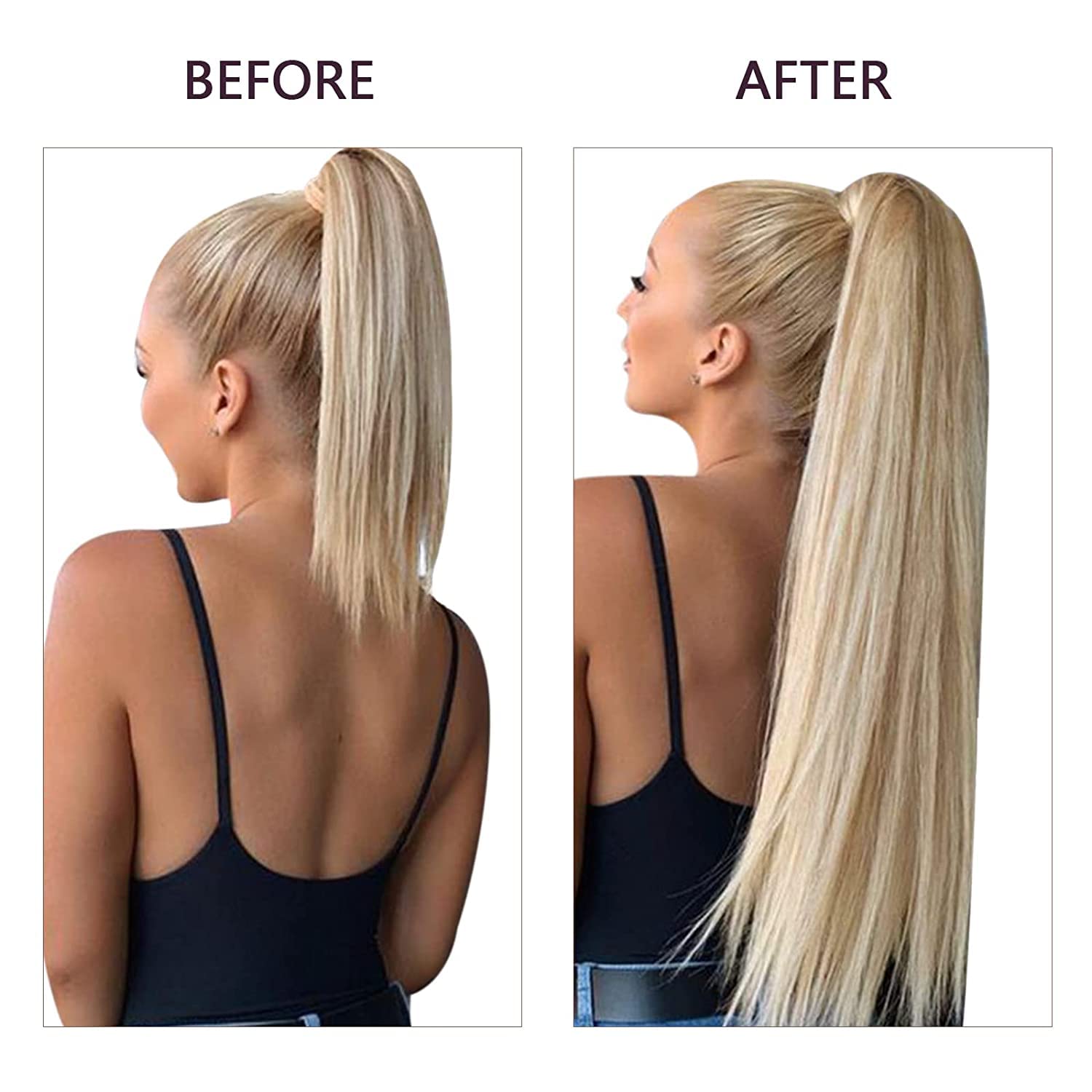 Runature 16 Inch Ponytail Extension Human Hair Ash Blonde With Platinum Blonde Human Hair Ponytail With Clip Full Ends Long Real