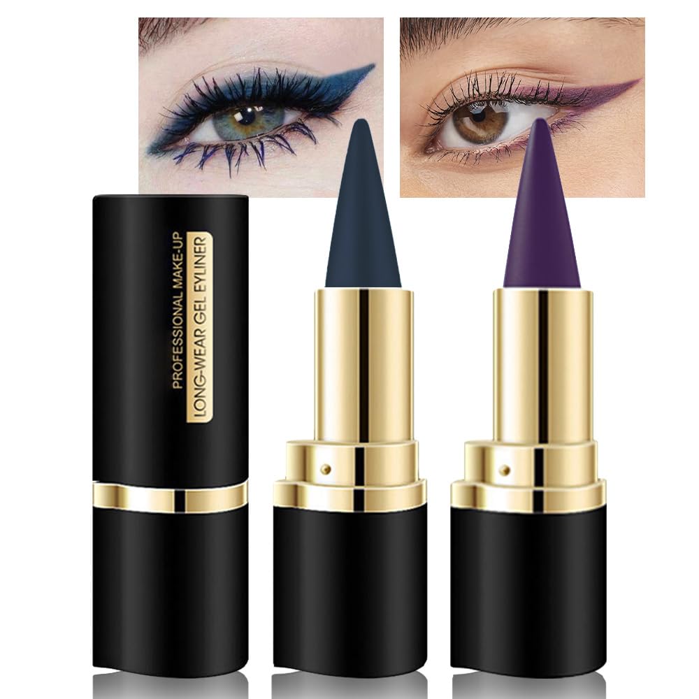 Kaely 2Pcs Dark Blue Purple Gel Eyeliner Pencils Set,Waterproof Color Colored Eye Liner Crayon,Cat Eye Stencil Gothic Halloween 