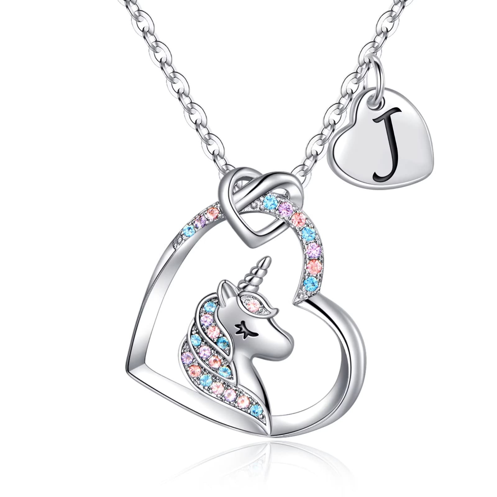 Hidepoo Unicorn Necklace Gifts for Girls, 14K White Gold Plated Heart Pendant Colorful CZ Unicorn Necklace Initial J Pendant Uni