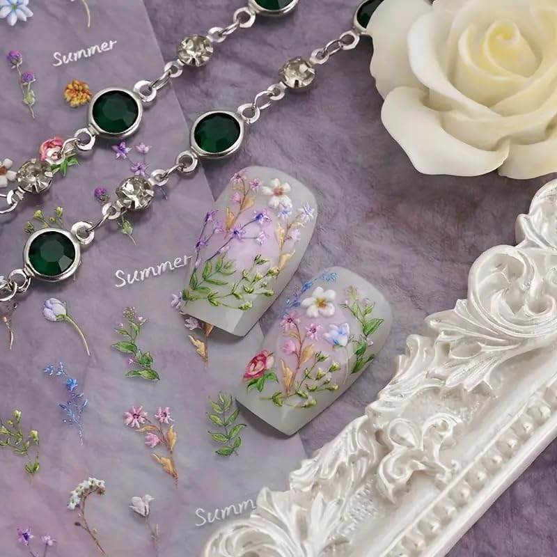 Flower Nail Stickers For Nail Art - Flower Nail Art Stickers Summer Floral Leaf Plant 5D Embossed Nail Decals Self-Adhesive Nail