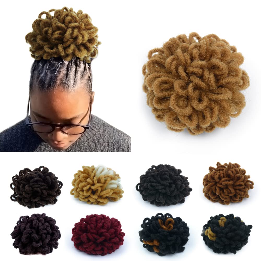 KGBFASS Light Brown Locs Ponytail Drawstring Buns for Black Women Dreadlock Ponytail Curly Loc Petal Bun Braided Faux Locs Bun C
