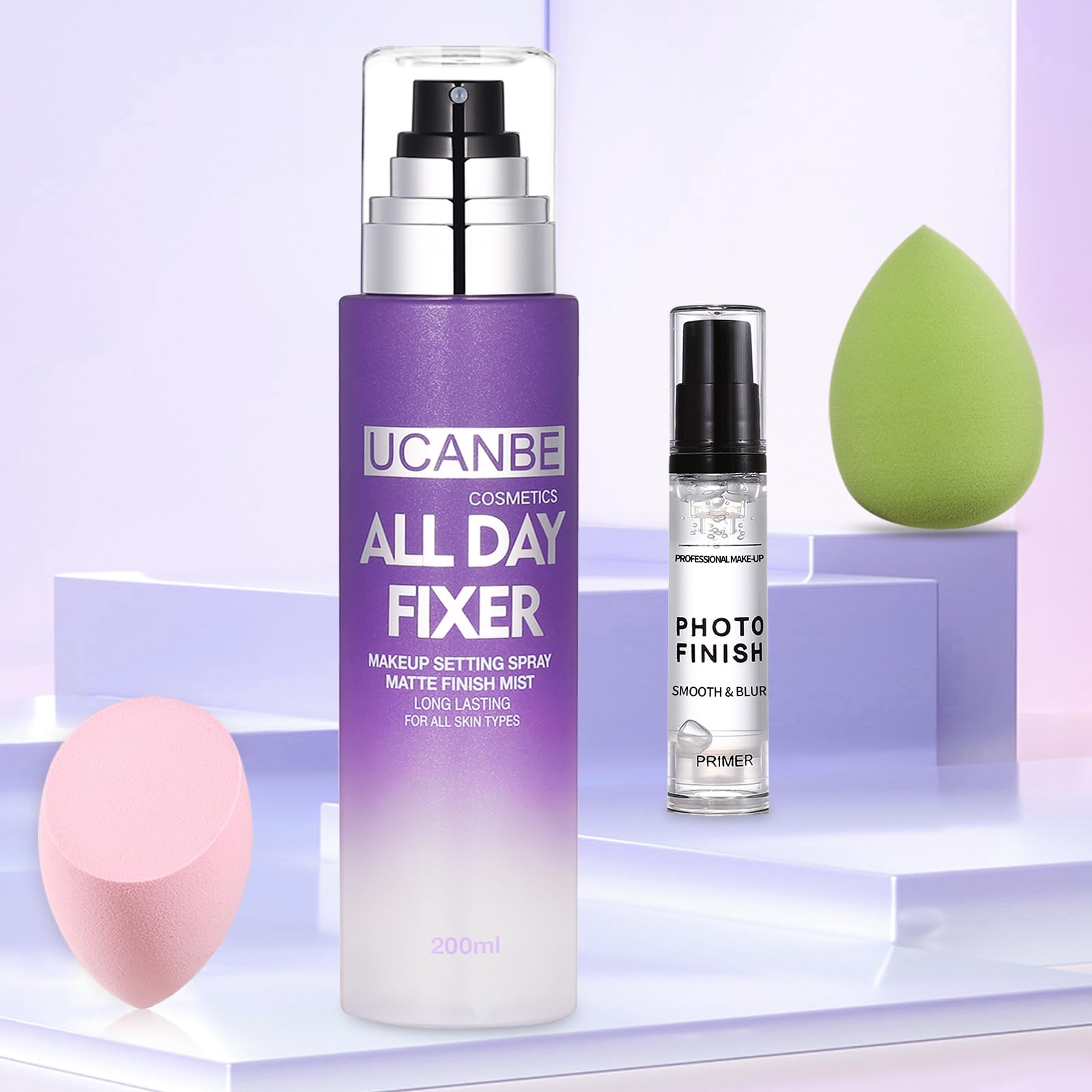 Ucanbe Makeup Setting Spray + Face Primer + Make Up Sponge, Gel-Based Hydrating Primer, Lightweight, Long Lasting Matte Finishin