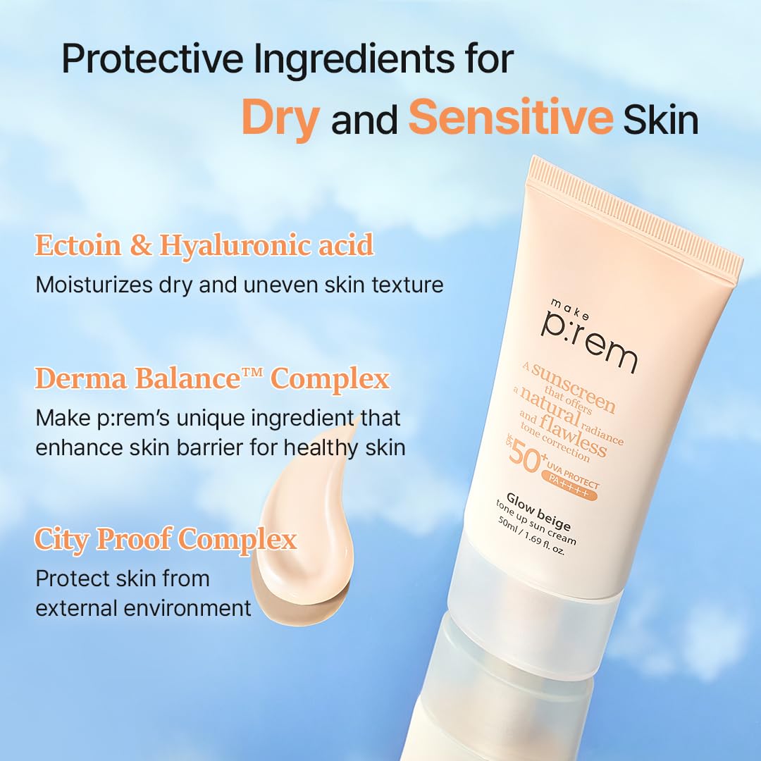 MAKE P:REM Glow Beige Tone Up Sunscreen, Foundation-Free Mineral Sunscreen, Skin Tone Correction, Lightweight, Korean Sunscreen,