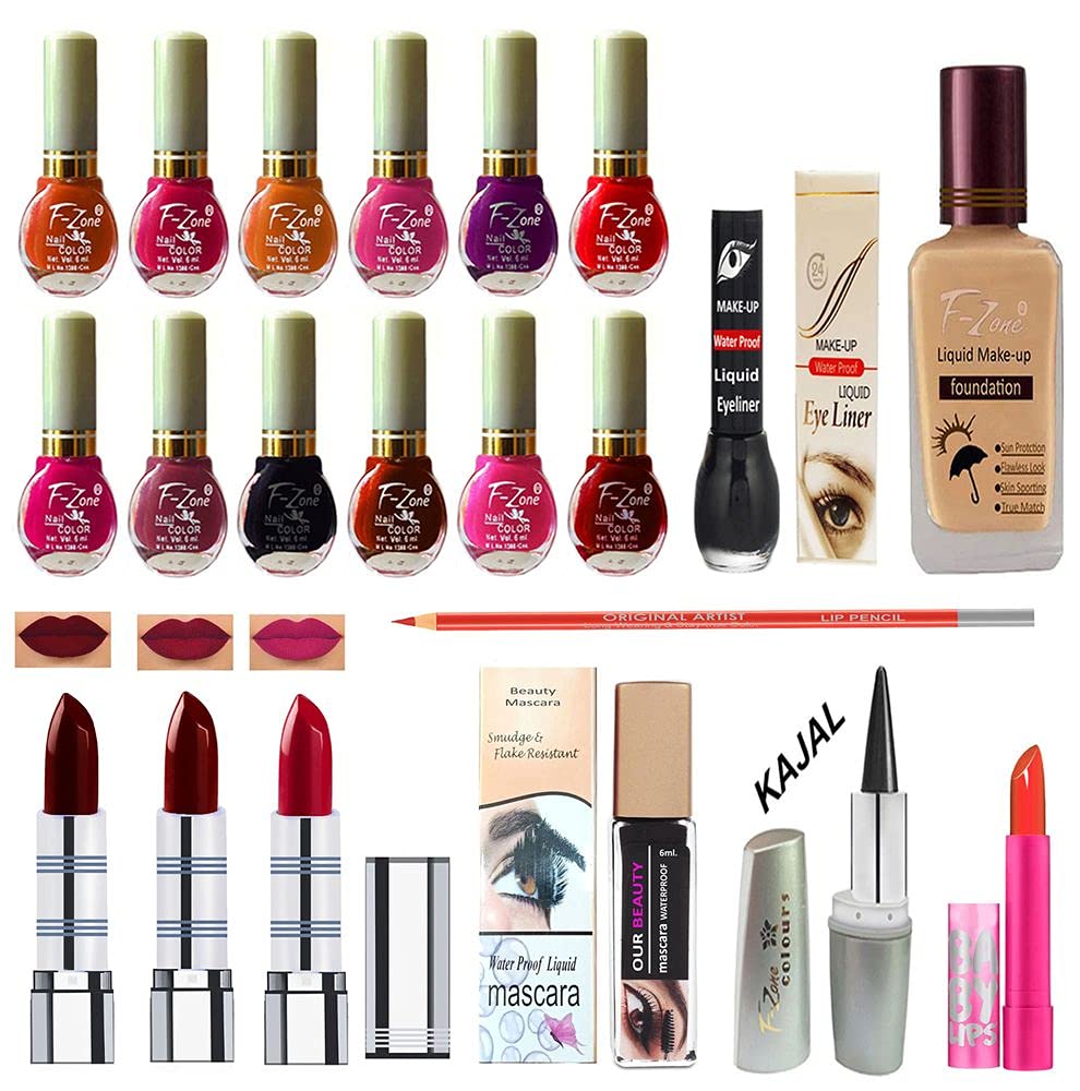 F Zone Makeup Kit With 12 Nail Polish Eye Liner Foundation 3 Lipstick Mascara Lip Balm And Kajal Vc97